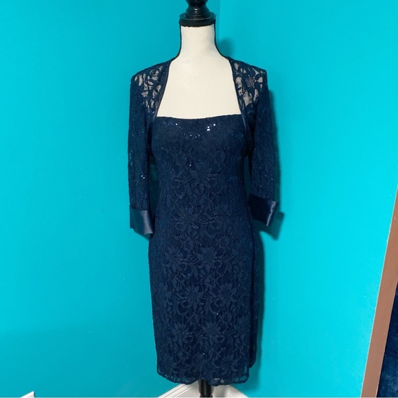 JS Collections 8 Navy Blue Lace Sequin Sheath Dress Bolero Crop Jacket 2 PC Set - Picture 5 of 9